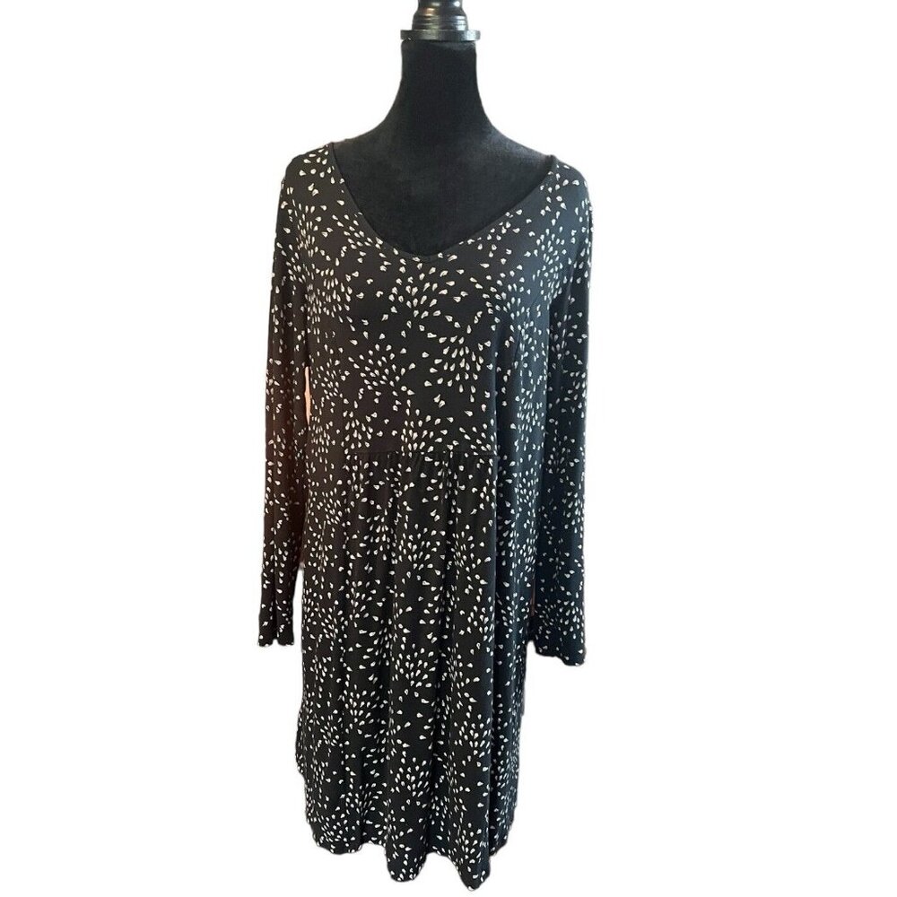 J Jill Black & White Printed Long Sleeve Babydoll Dress Womens M Comfy Soft‎